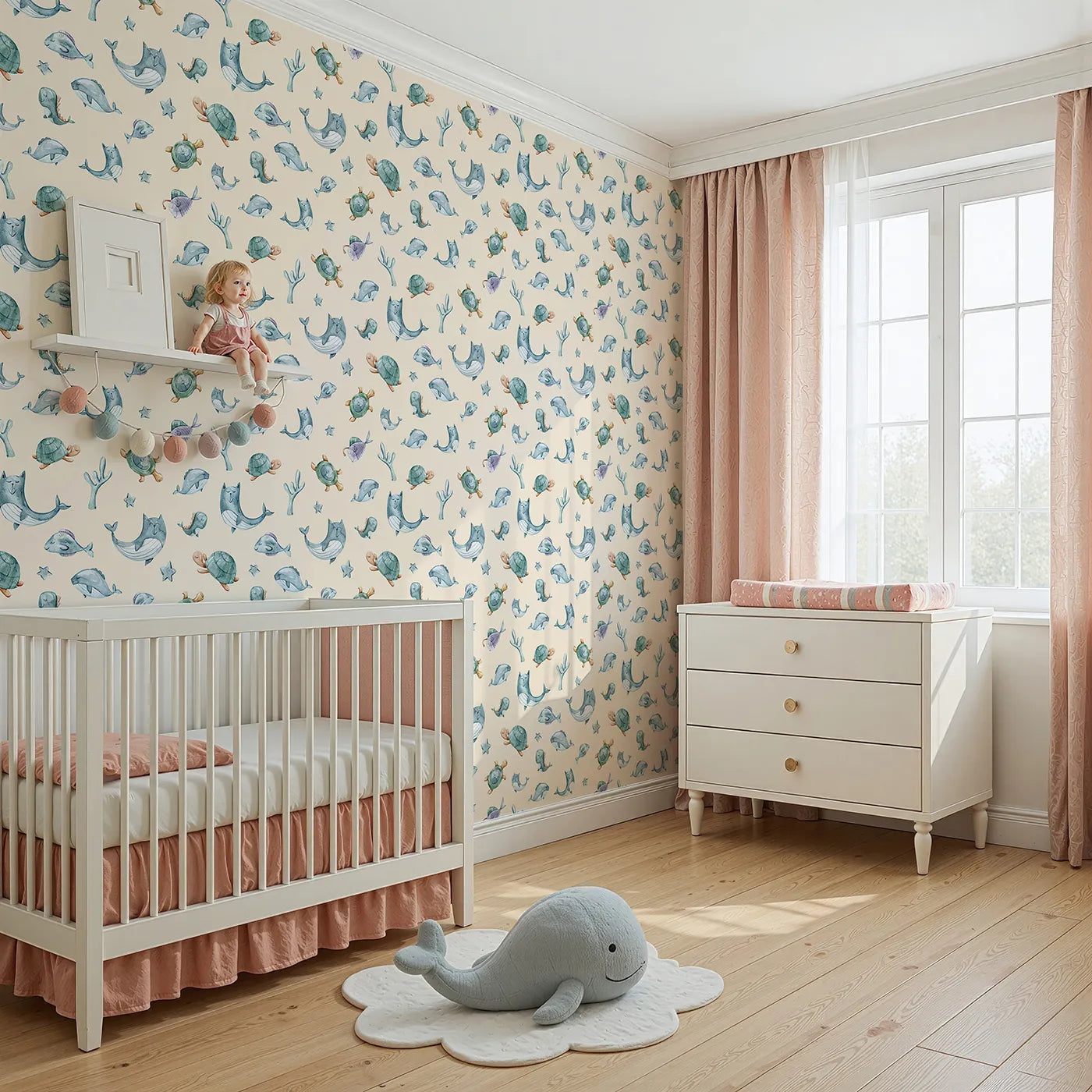 Angled view of Whimsy Tots' Gentle Sea Friends Wallpaper in Peach (W3334C).Peaceful ocean animals float through watercolor waves and warm peach skies.