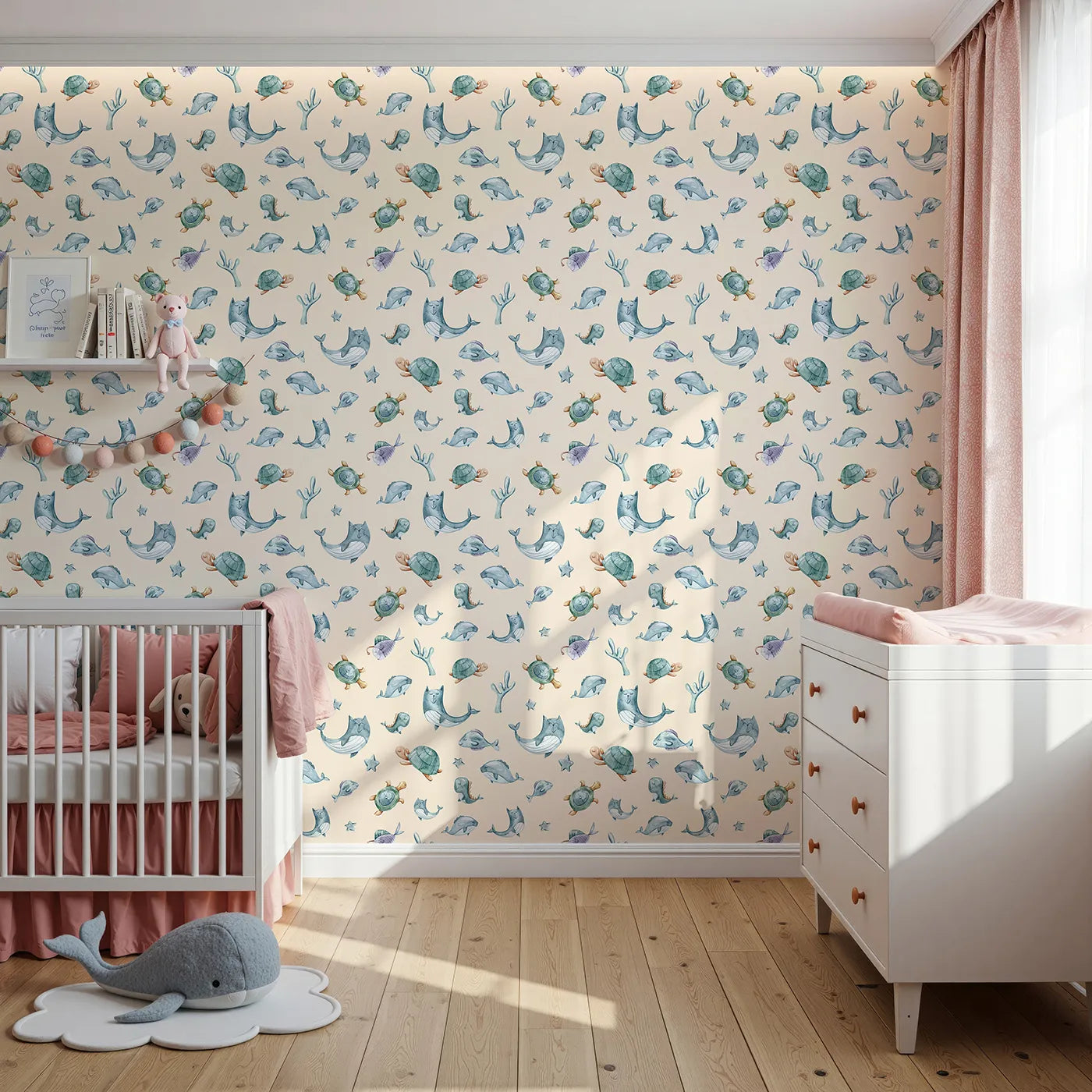 Front view of Whimsy Tots' Gentle Sea Friends Wallpaper in Peach