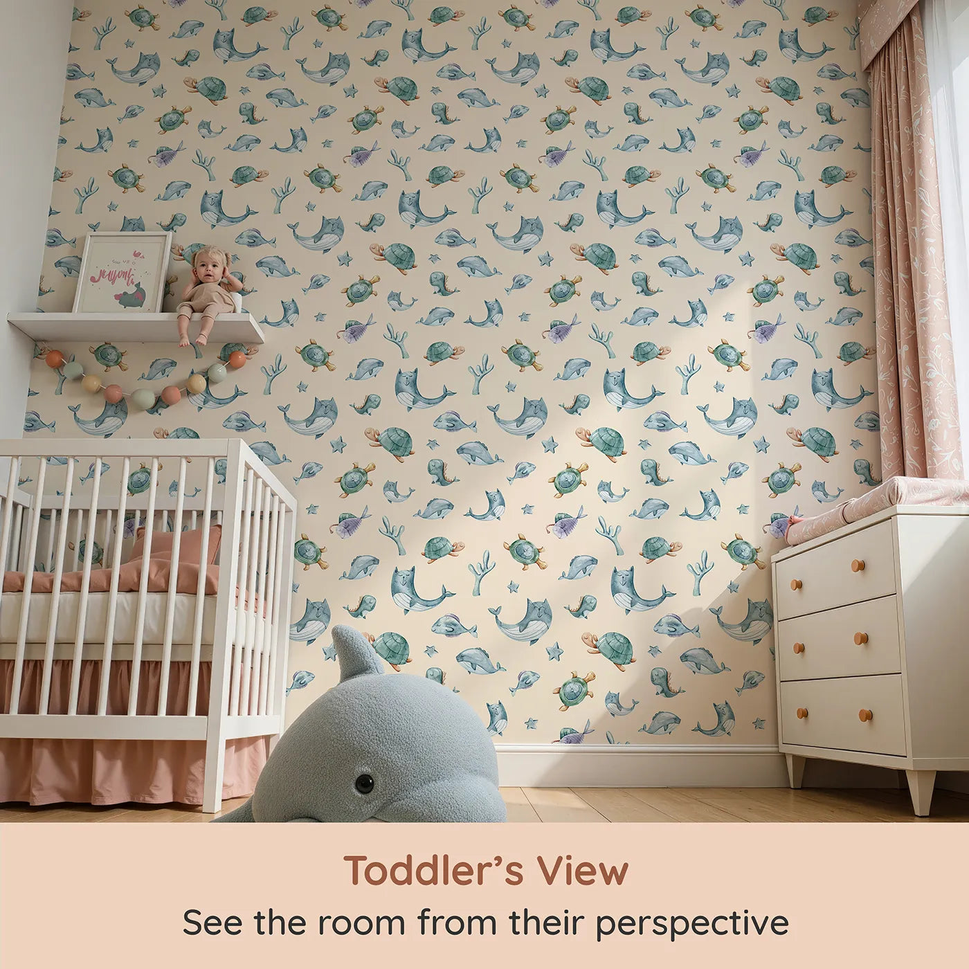 Whimsy Tots Gentle Sea Friends Wallpaper in Peach (W3334C) from your child's view.Peaceful ocean animals float through watercolor waves and warm peach skies.