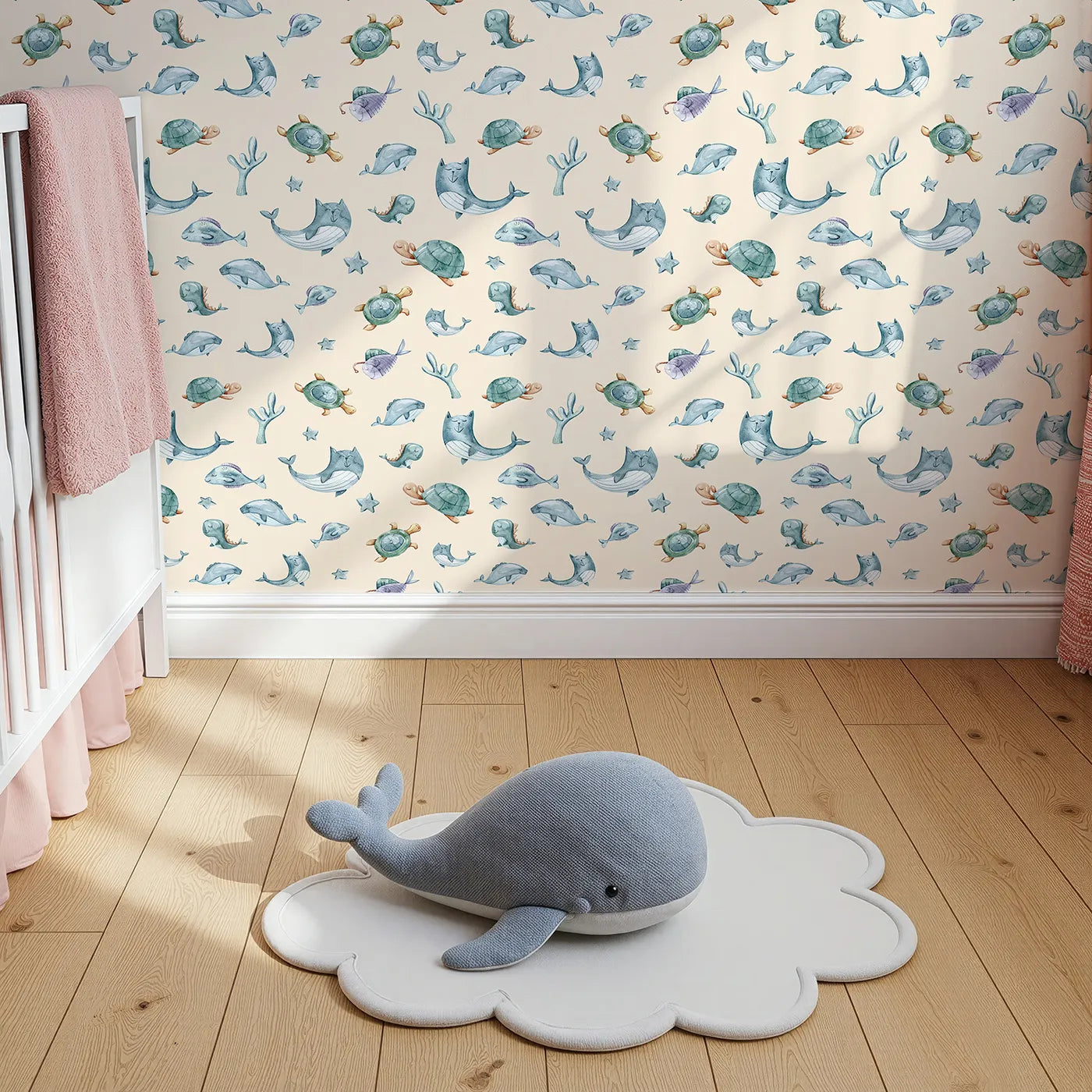 Top-Down view of Whimsy Tots' Gentle Sea Friends Wallpaper in Peach (W3334C).Peaceful ocean animals float through watercolor waves and warm peach skies.
