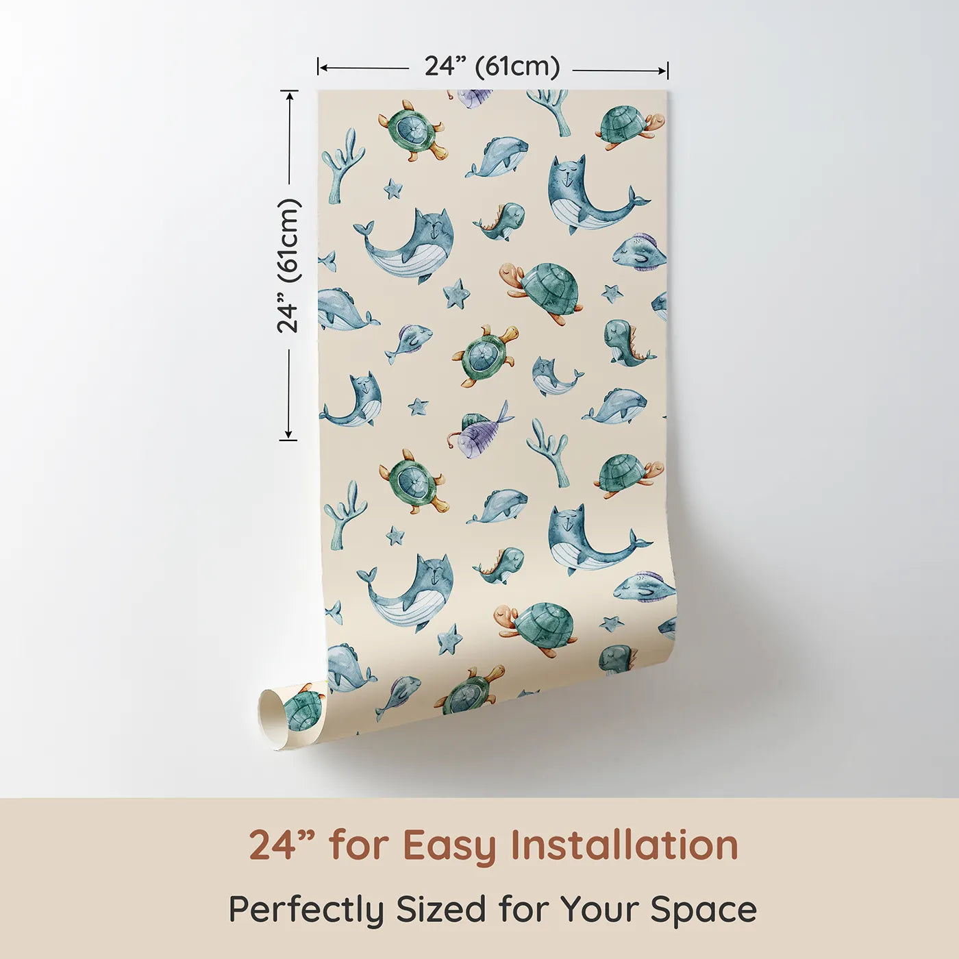 Dimension view of Whimsy Tots Gentle Sea Friends Wallpaper in Peach (W3334C). Printed in 24-inch-wide panel for easy installation. Peaceful ocean animals float through watercolor waves and warm peach skies.