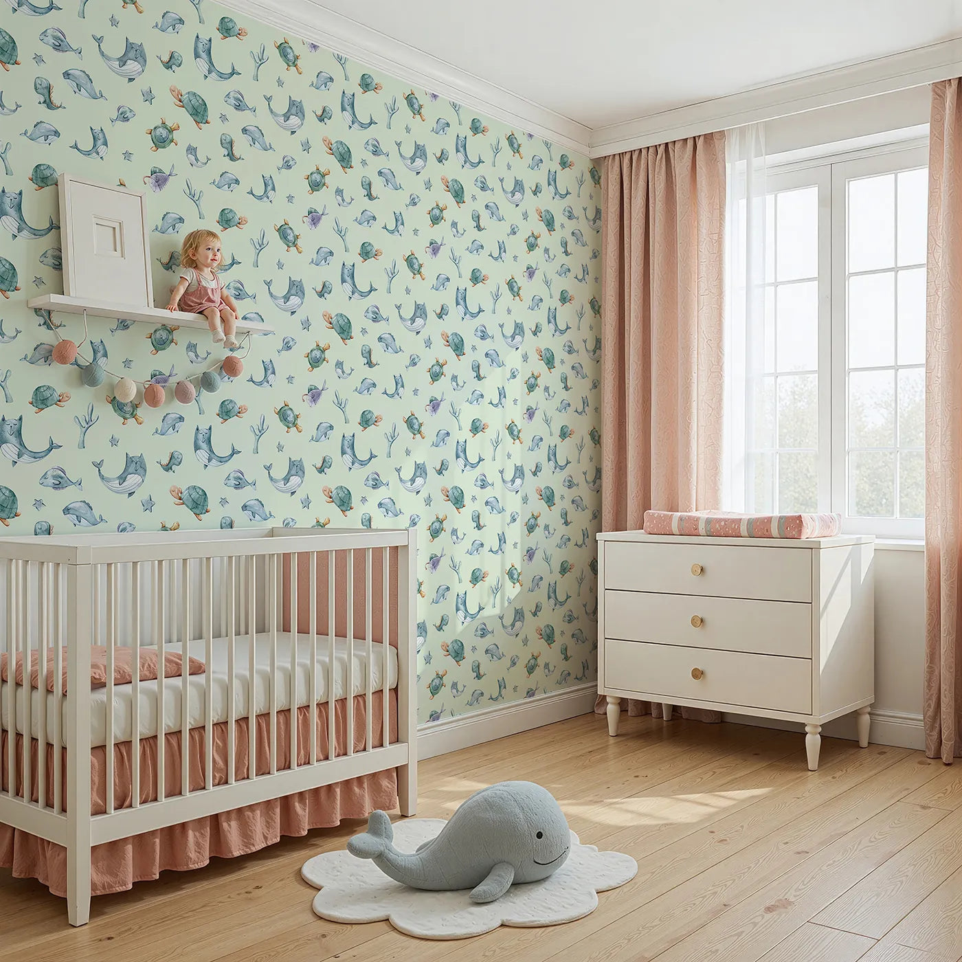 Angled view of Whimsy Tots' Gentle Sea Friends Wallpaper in Mint Green (W3334D).Whales, turtles, and sleepy sea creatures float through a minty calm.