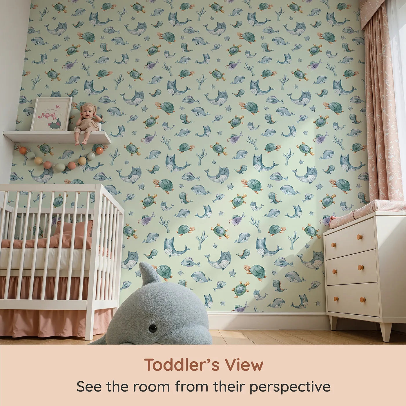 Whimsy Tots Gentle Sea Friends Wallpaper in Mint Green (W3334D) from your child's view.Whales, turtles, and sleepy sea creatures float through a minty calm.