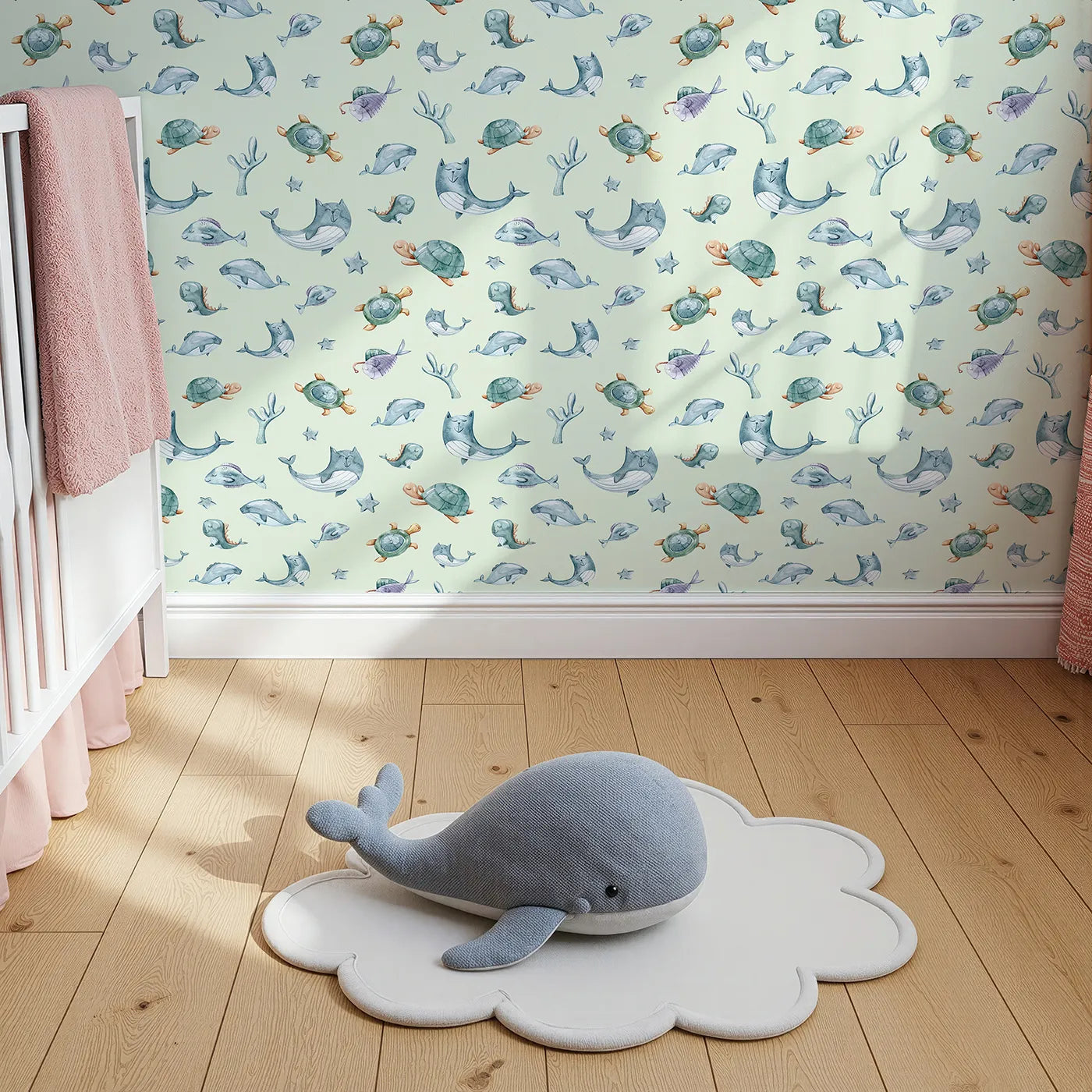 Top-Down view of Whimsy Tots' Gentle Sea Friends Wallpaper in Mint Green (W3334D).Whales, turtles, and sleepy sea creatures float through a minty calm.