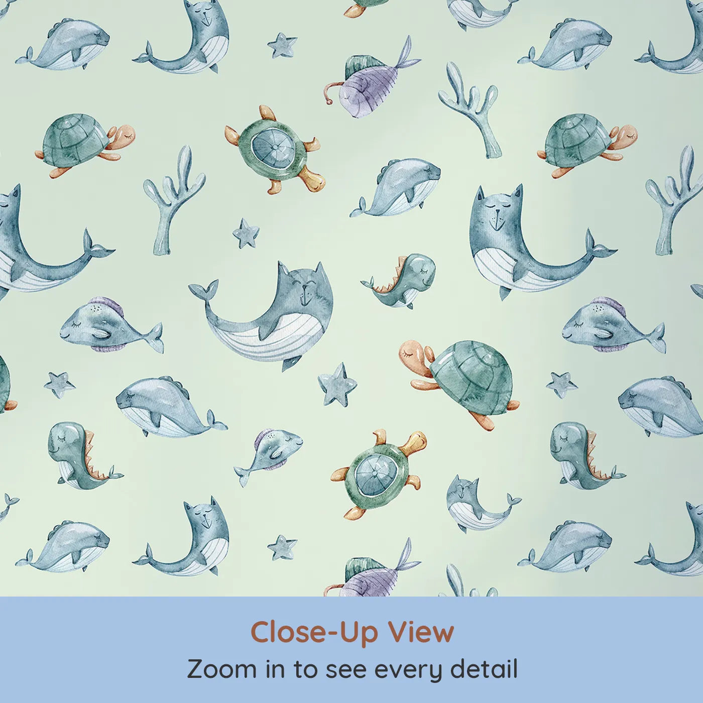 Close-up view of Whimsy Tots' Gentle Sea Friends Wallpaper in Mint Green (W3334D).Whales, turtles, and sleepy sea creatures float through a minty calm.