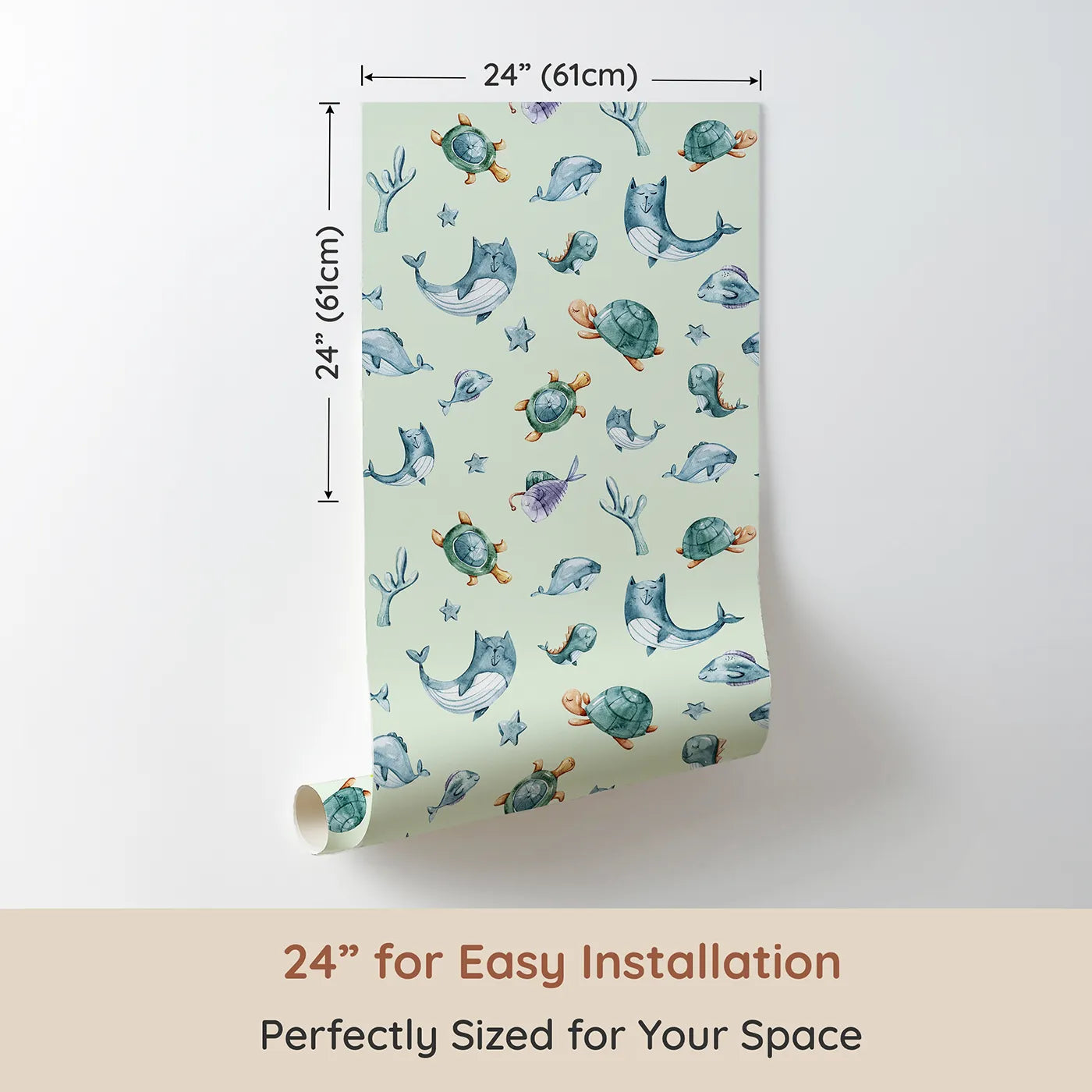 Dimension view of Whimsy Tots Gentle Sea Friends Wallpaper in Mint Green (W3334D). Printed in 24-inch-wide panel for easy installation. Whales, turtles, and sleepy sea creatures float through a minty calm.