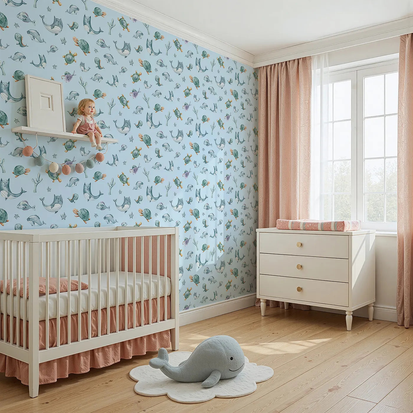 Angled view of Whimsy Tots' Gentle Sea Friends Wallpaper in Sky Blue (W3334E).Ocean animals float across soft sky blue waters in a peaceful scene.