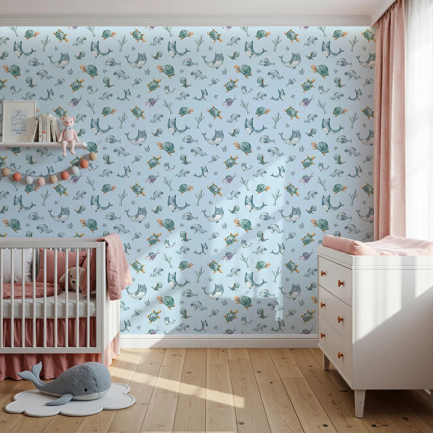 Front view of Whimsy Tots' Gentle Sea Friends Wallpaper in Sky Blue