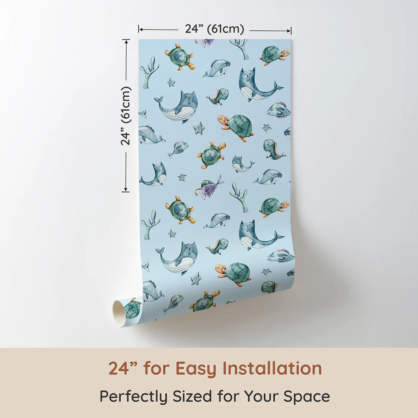 Dimension view of Whimsy Tots Gentle Sea Friends Wallpaper in Sky Blue (W3334E). Printed in 24-inch-wide panel for easy installation. Ocean animals float across soft sky blue waters in a peaceful scene.