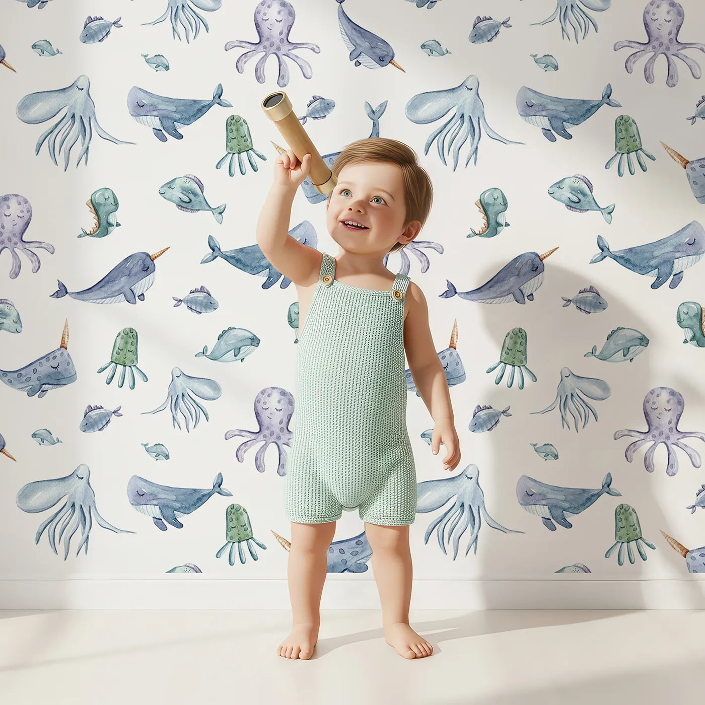 Lovely child standing in front of Whimsy Tots Gentle Ocean Parade Wallpaper in White with whale, narwhal, octopus, jellyfish, fish in design.