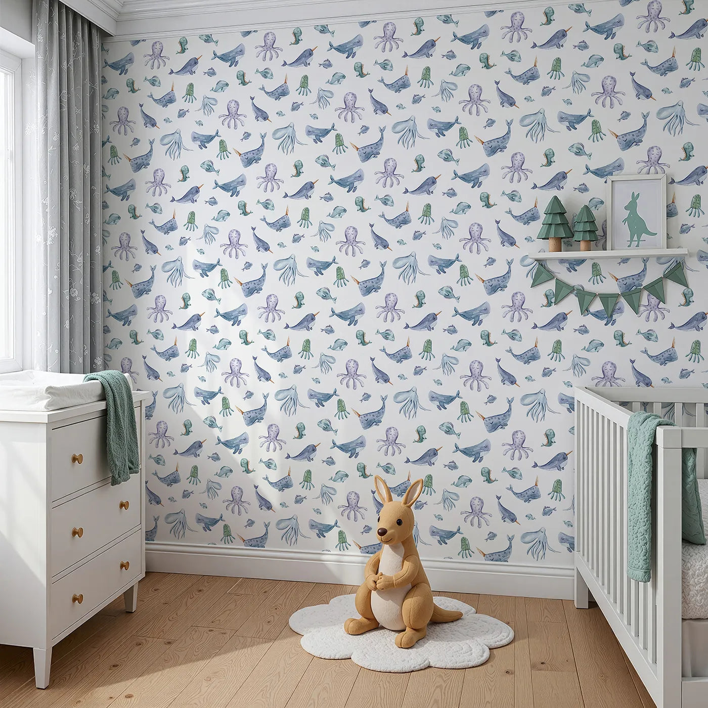 Angled view of Whimsy Tots' Gentle Ocean Parade Wallpaper in White (W3335A).Soft whales and octopuses drift quietly across a clean white sea.