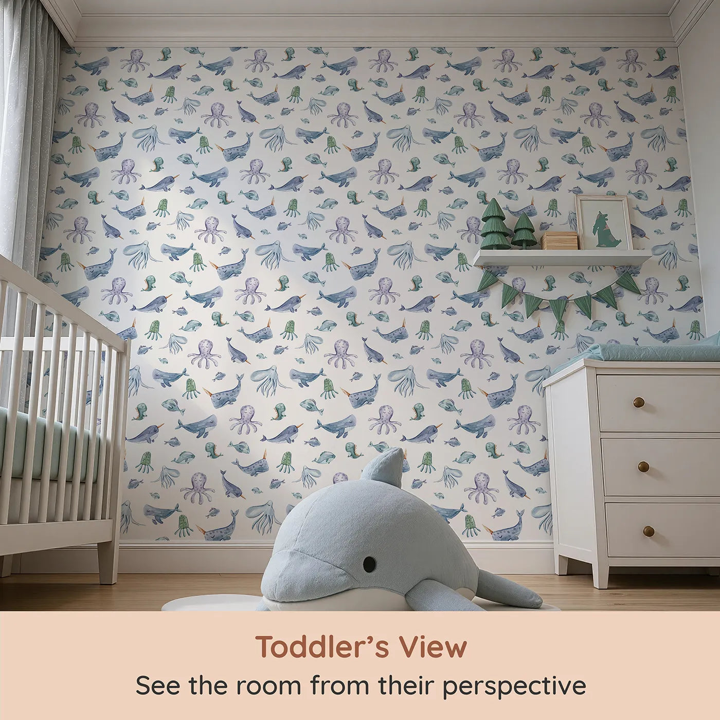 Whimsy Tots Gentle Ocean Parade Wallpaper in White (W3335A) from your child's view.Soft whales and octopuses drift quietly across a clean white sea.