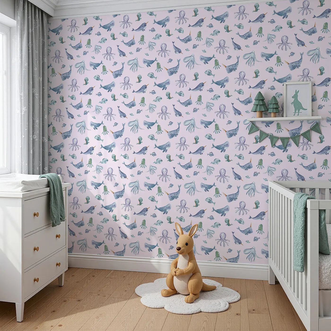 Angled view of Whimsy Tots' Gentle Ocean Parade Wallpaper in Pink (W3335B).Sleepy sea creatures swirl softly through warm pink seas.