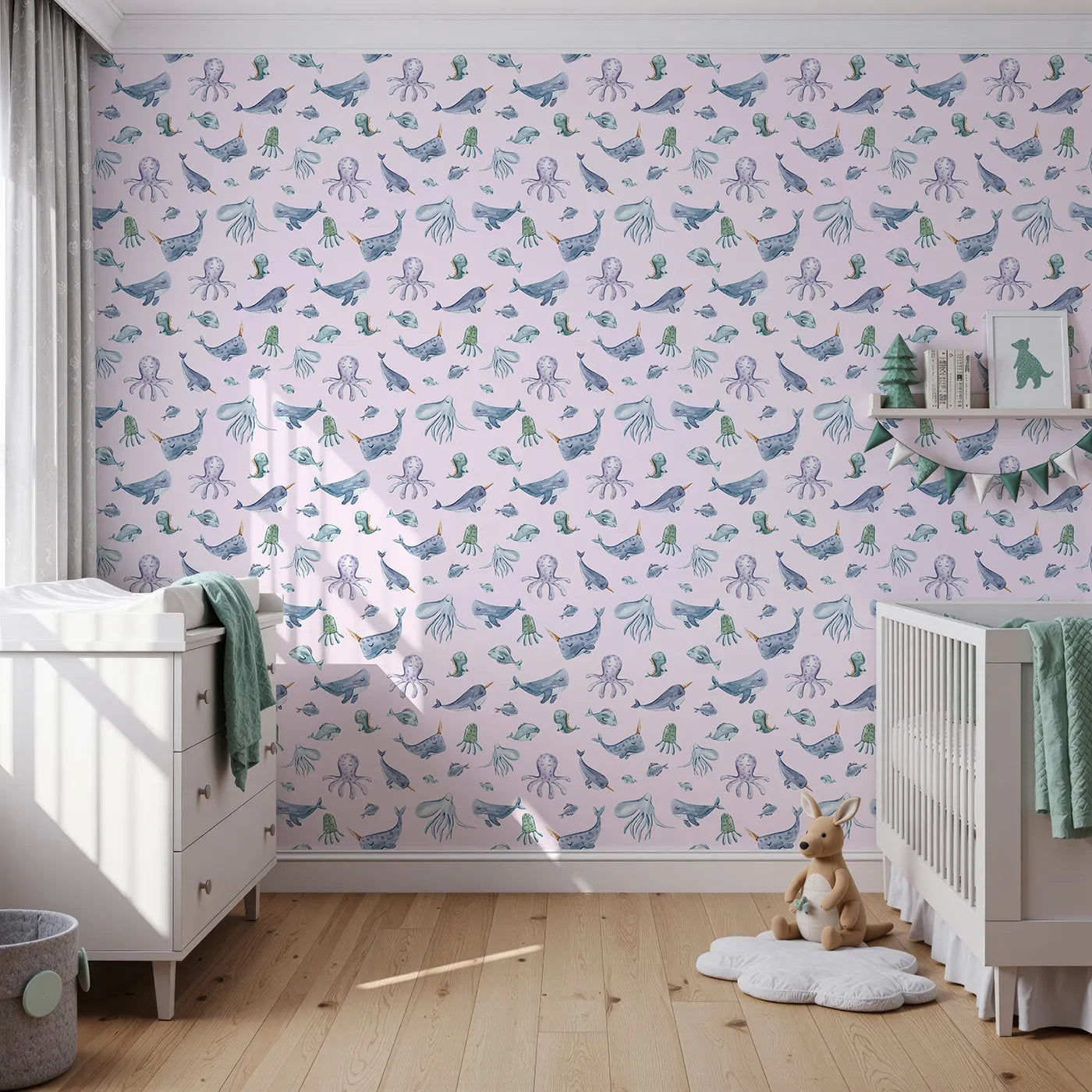Front view of Whimsy Tots' Gentle Ocean Parade Wallpaper in Pink