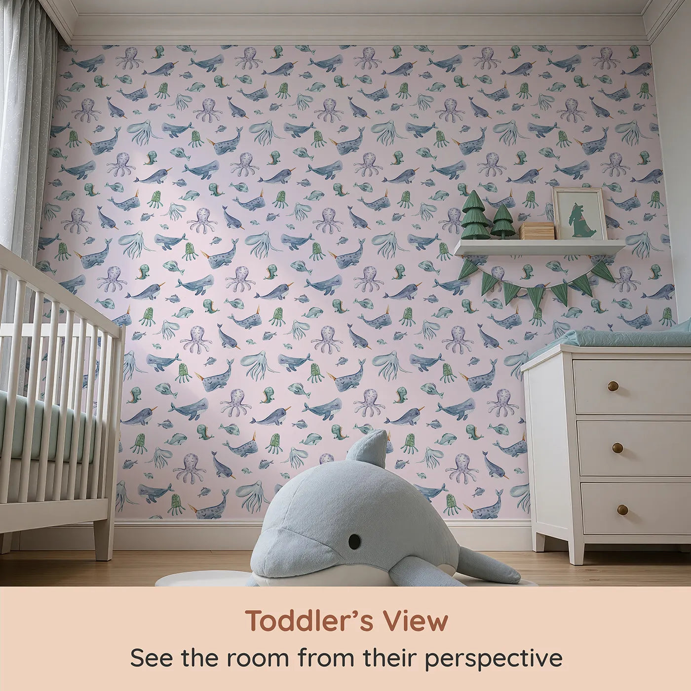 Whimsy Tots Gentle Ocean Parade Wallpaper in Pink (W3335B) from your child's view.Sleepy sea creatures swirl softly through warm pink seas.