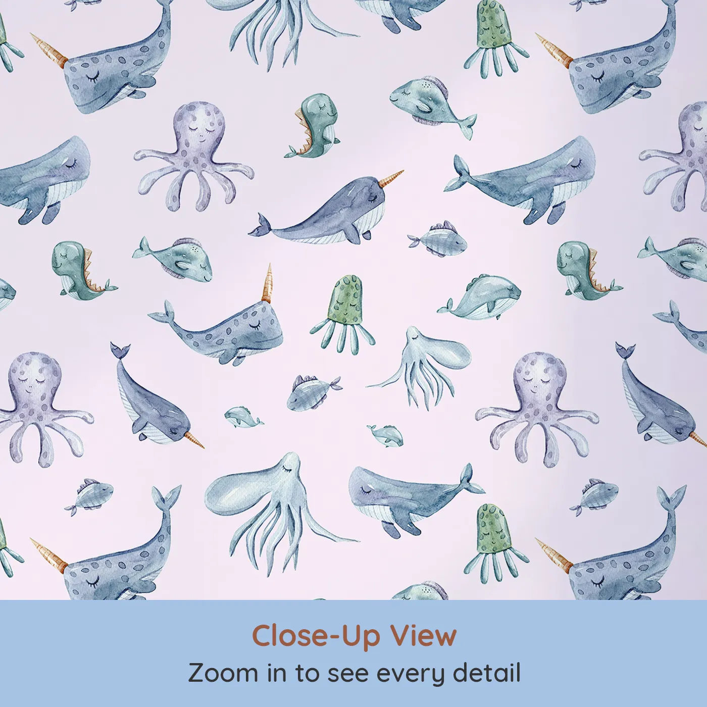 Close-up view of Whimsy Tots' Gentle Ocean Parade Wallpaper in Pink (W3335B).Sleepy sea creatures swirl softly through warm pink seas.