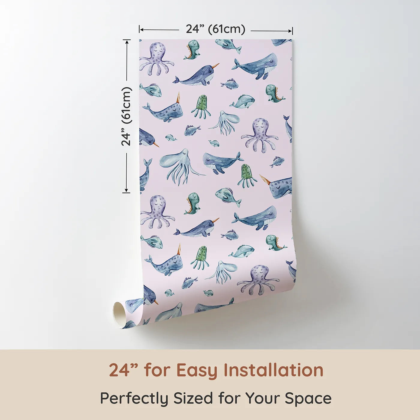 Dimension view of Whimsy Tots Gentle Ocean Parade Wallpaper in Pink (W3335B). Printed in 24-inch-wide panel for easy installation. Sleepy sea creatures swirl softly through warm pink seas.