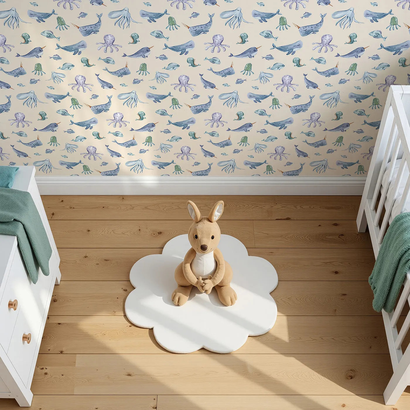 Top-Down view of Whimsy Tots' Gentle Ocean Parade Wallpaper in Peach (W3335C).Soft sea creatures float gently through sun-kissed peach seas.