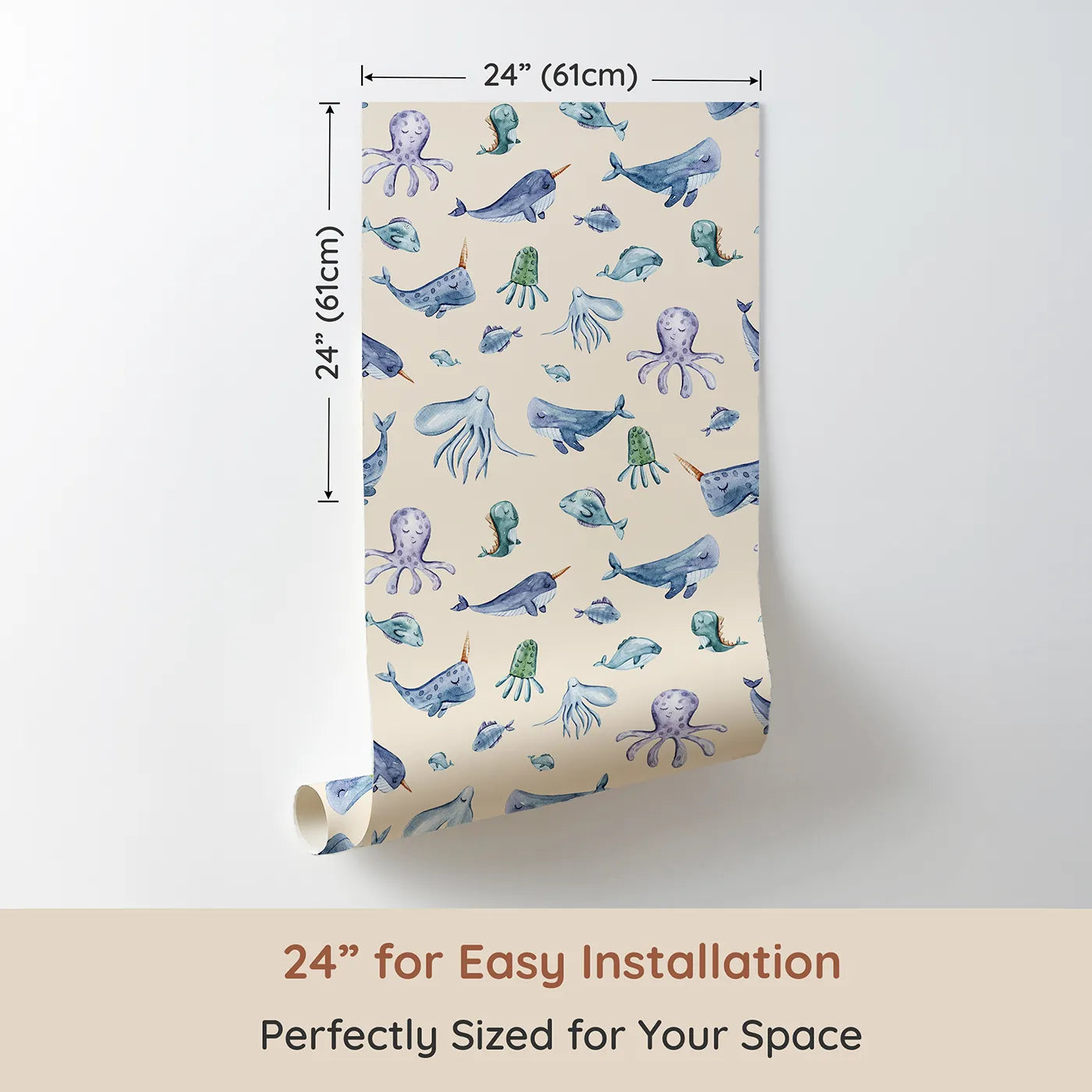 Dimension view of Whimsy Tots Gentle Ocean Parade Wallpaper in Peach (W3335C). Printed in 24-inch-wide panel for easy installation. Soft sea creatures float gently through sun-kissed peach seas.