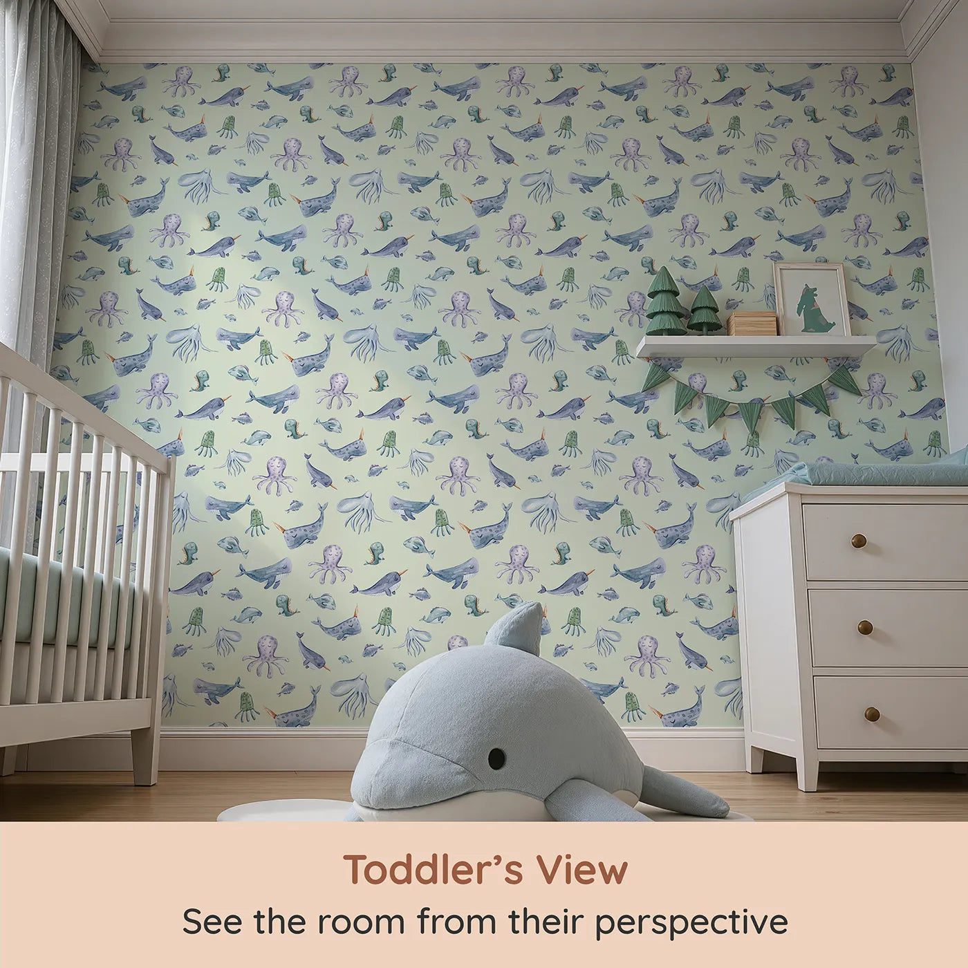 Whimsy Tots Gentle Ocean Parade Wallpaper in Mint Green (W3335D) from your child's view.Whales and jellyfish float peacefully across minty ocean skies.