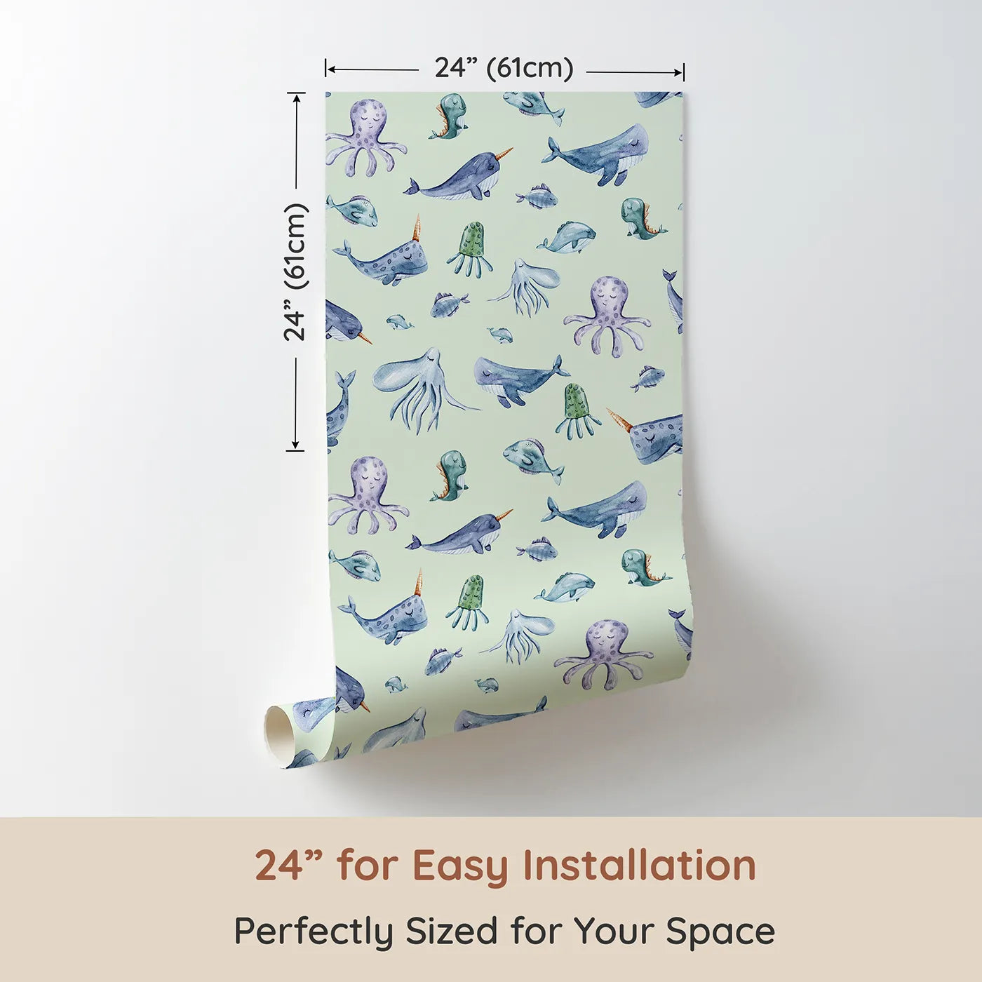 Dimension view of Whimsy Tots Gentle Ocean Parade Wallpaper in Mint Green (W3335D). Printed in 24-inch-wide panel for easy installation. Whales and jellyfish float peacefully across minty ocean skies.