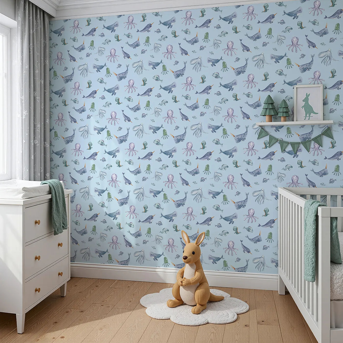 Angled view of Whimsy Tots' Gentle Ocean Parade Wallpaper in Sky Blue (W3335E).Peaceful sea creatures float gently across calm sky blue seas.