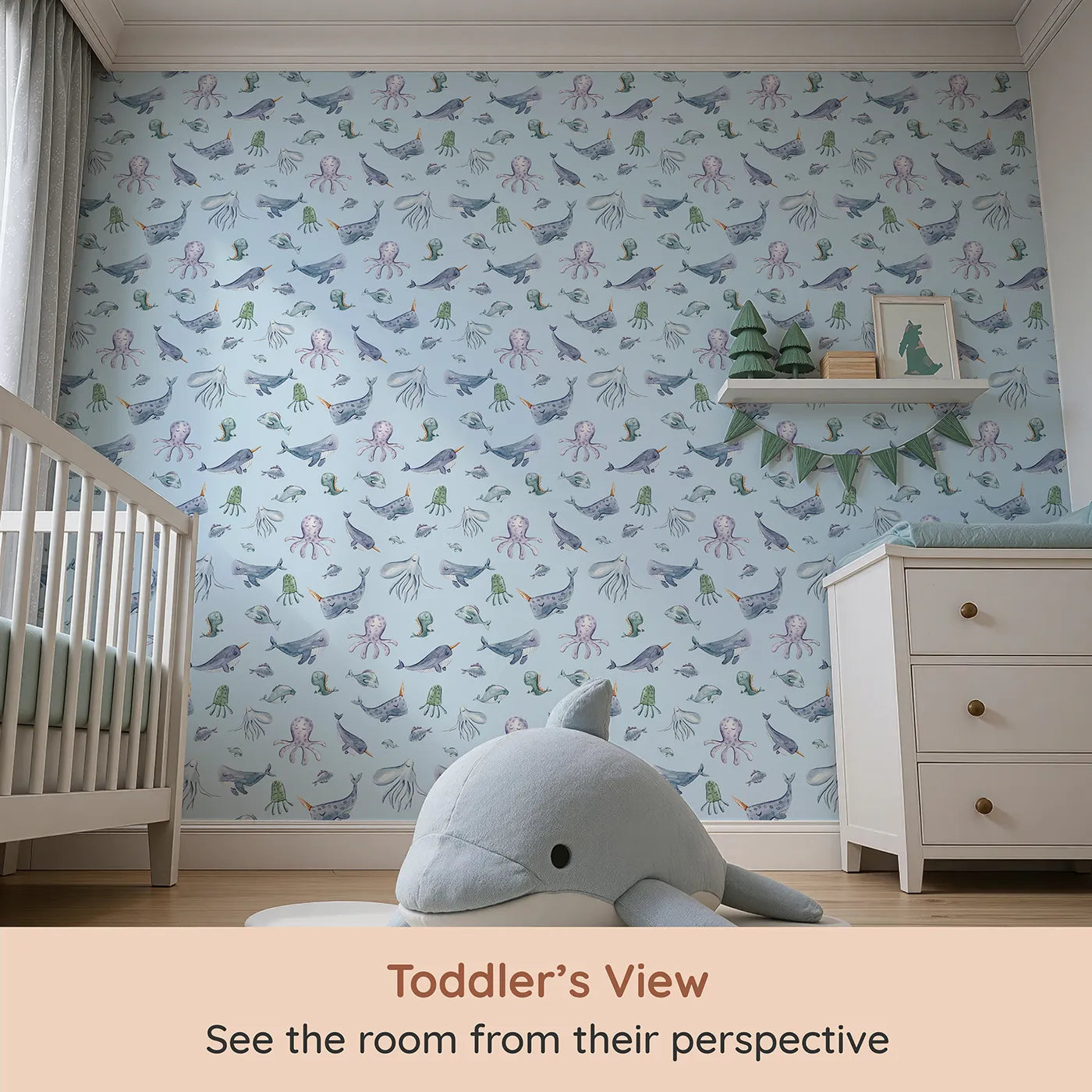Whimsy Tots Gentle Ocean Parade Wallpaper in Sky Blue (W3335E) from your child's view.Peaceful sea creatures float gently across calm sky blue seas.