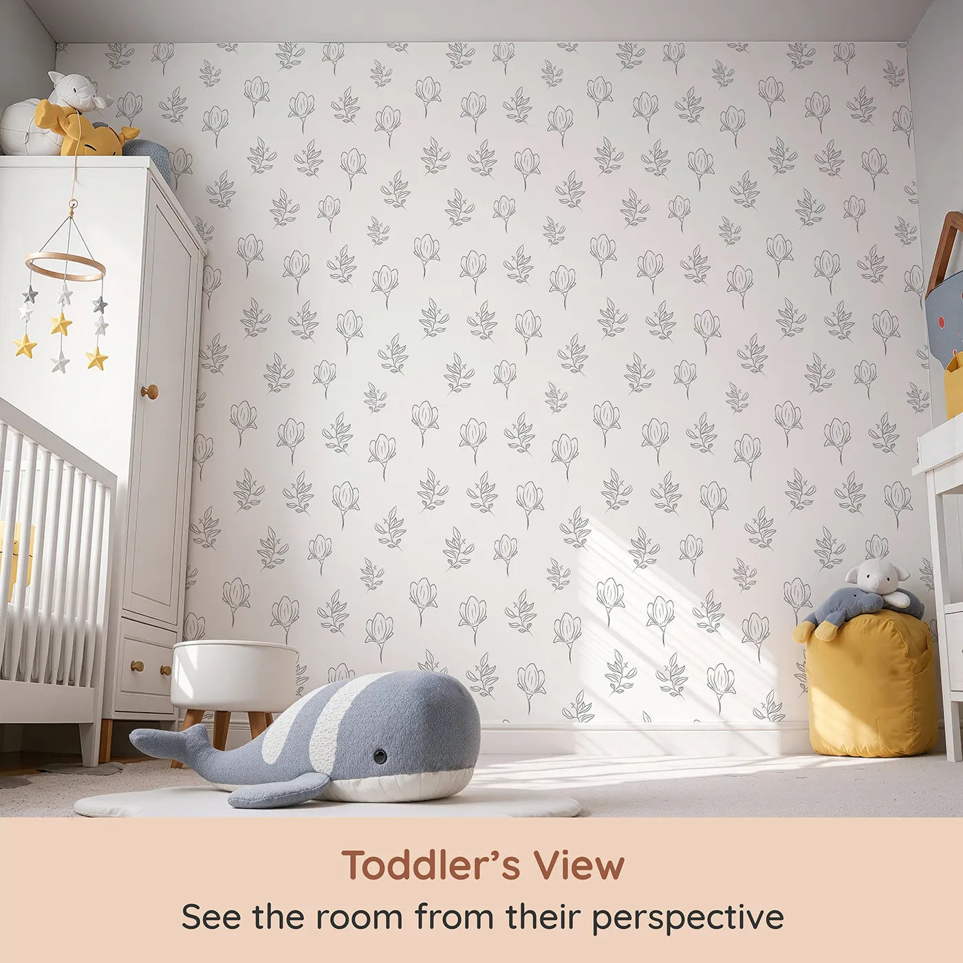Whimsy Tots Floral Whisper Line Art Wallpaper in White (W3336A) from your child's view.Simple floral outlines bring calm to any modern nursery.