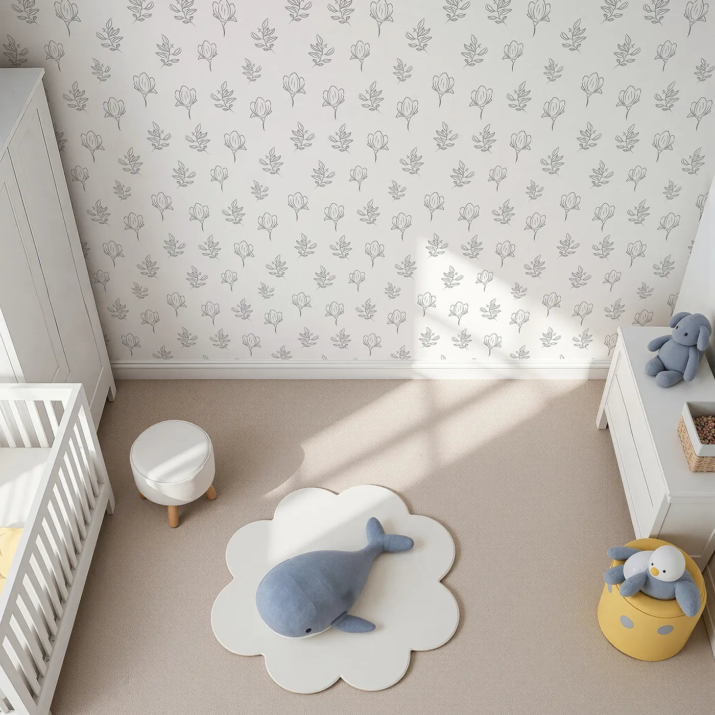 Top-Down view of Whimsy Tots' Floral Whisper Line Art Wallpaper in White (W3336A).Simple floral outlines bring calm to any modern nursery.
