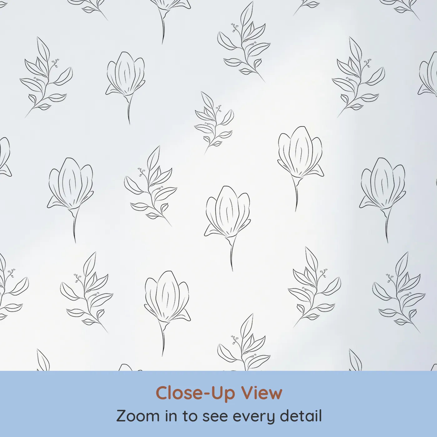Close-up view of Whimsy Tots' Floral Whisper Line Art Wallpaper in White (W3336A).Simple floral outlines bring calm to any modern nursery.
