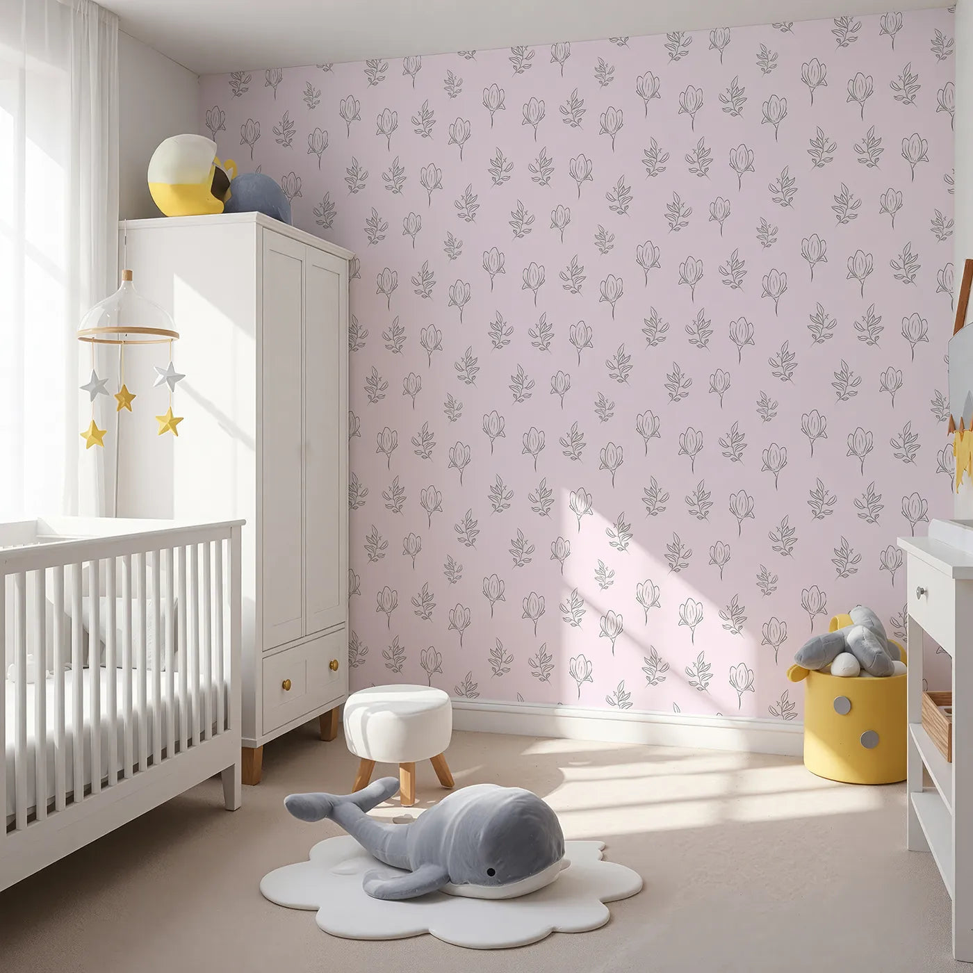 Angled view of Whimsy Tots' Floral Whisper Line Art Wallpaper in Pink (W3336B).Soft pink hues and floral lines bloom with calm and charm.