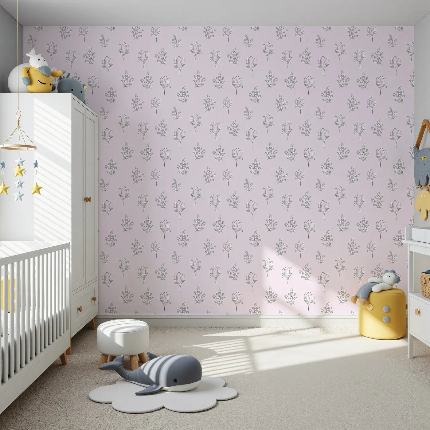 Front view of Whimsy Tots' Floral Whisper Line Art Wallpaper in Pink