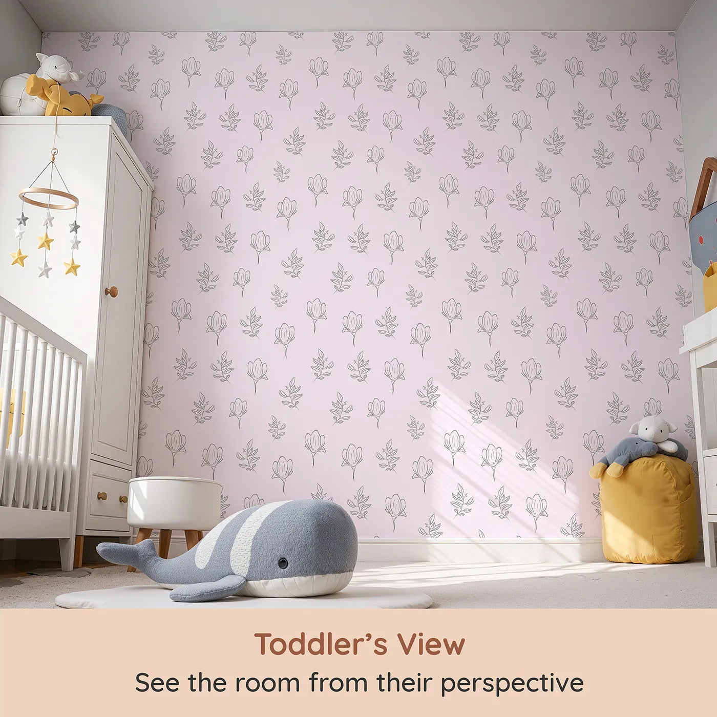 Whimsy Tots Floral Whisper Line Art Wallpaper in Pink (W3336B) from your child's view.Soft pink hues and floral lines bloom with calm and charm.