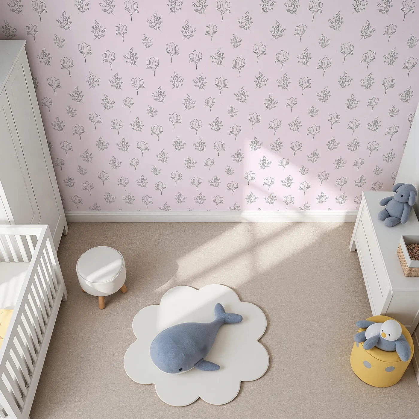 Top-Down view of Whimsy Tots' Floral Whisper Line Art Wallpaper in Pink (W3336B).Soft pink hues and floral lines bloom with calm and charm.