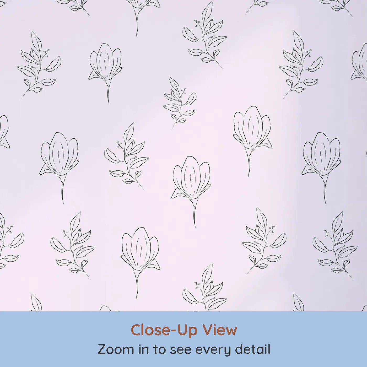 Close-up view of Whimsy Tots' Floral Whisper Line Art Wallpaper in Pink (W3336B).Soft pink hues and floral lines bloom with calm and charm.