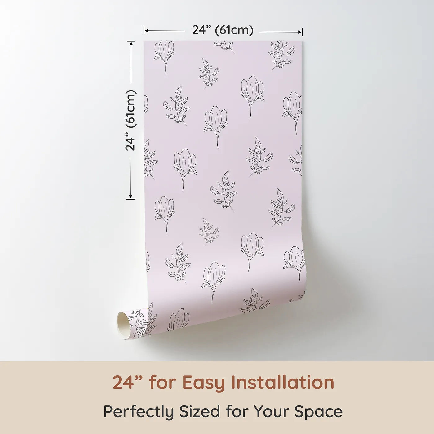 Dimension view of Whimsy Tots Floral Whisper Line Art Wallpaper in Pink (W3336B). Printed in 24-inch-wide panel for easy installation. Soft pink hues and floral lines bloom with calm and charm.