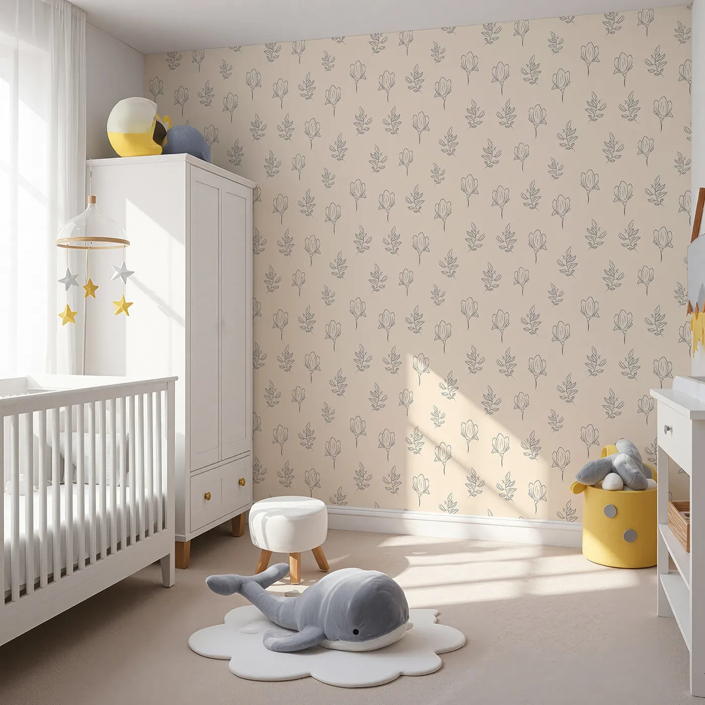 Angled view of Whimsy Tots' Floral Whisper Line Art Wallpaper in Peach (W3336C).Simple blooms and soft peach hues create a serene setting.