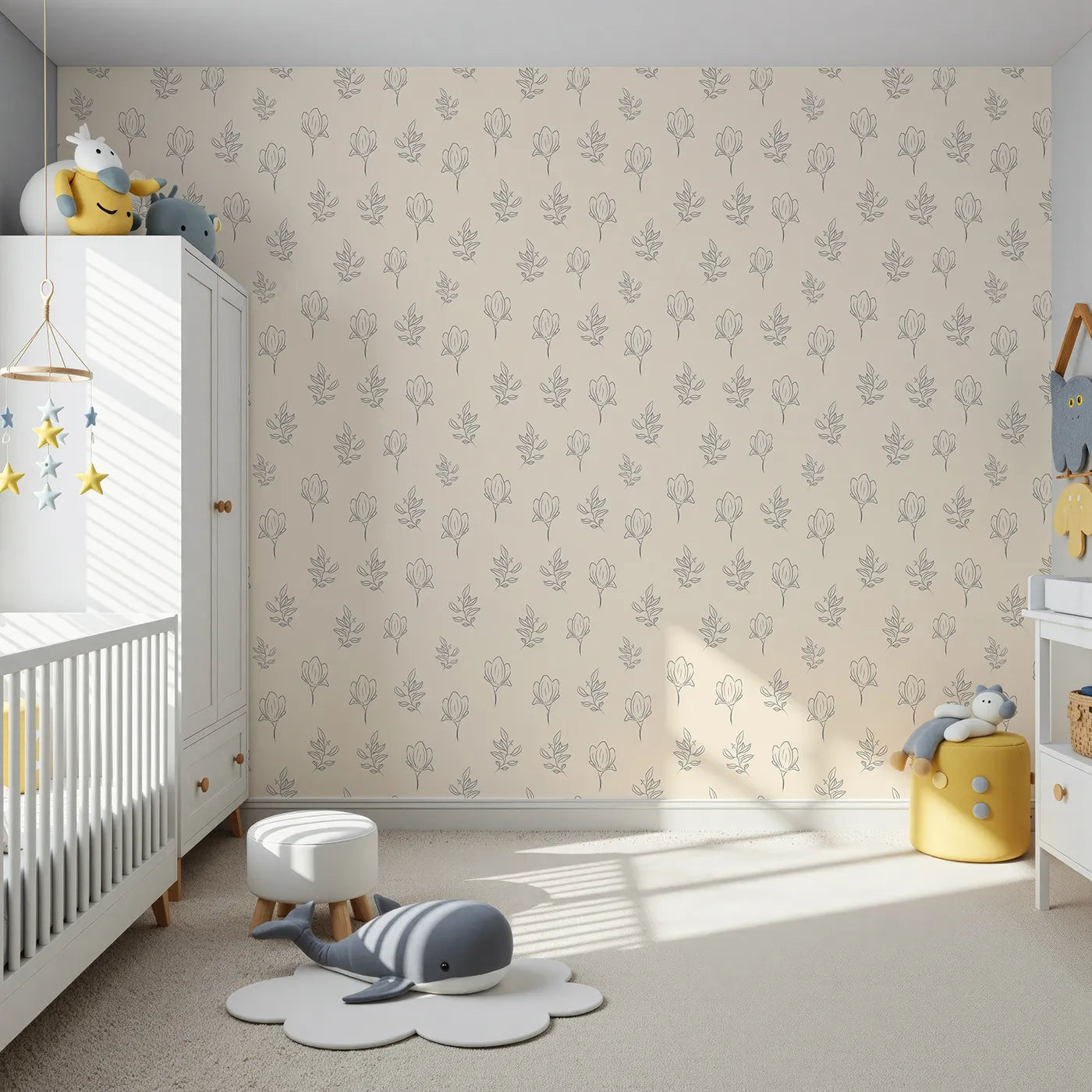 Front view of Whimsy Tots' Floral Whisper Line Art Wallpaper in Peach
