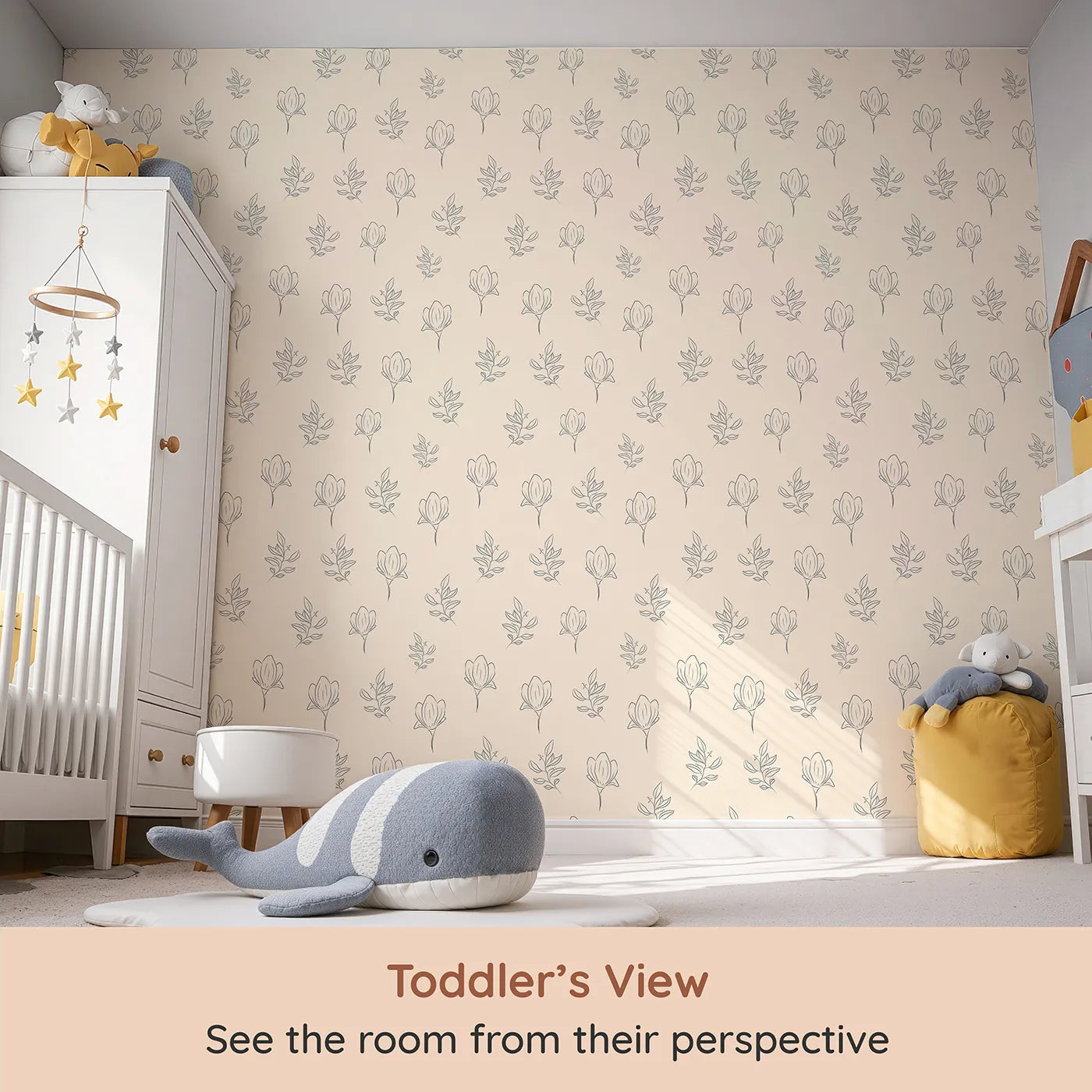 Whimsy Tots Floral Whisper Line Art Wallpaper in Peach (W3336C) from your child's view.Simple blooms and soft peach hues create a serene setting.