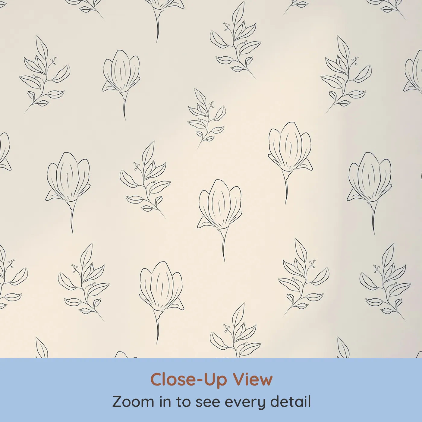 Close-up view of Whimsy Tots' Floral Whisper Line Art Wallpaper in Peach (W3336C).Simple blooms and soft peach hues create a serene setting.