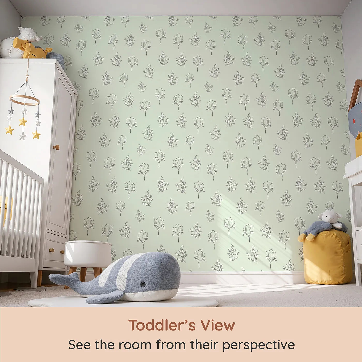 Whimsy Tots Floral Whisper Line Art Wallpaper in Mint Green (W3336D) from your child's view.Soft mint tones and fine florals bring a breath of fresh calm.