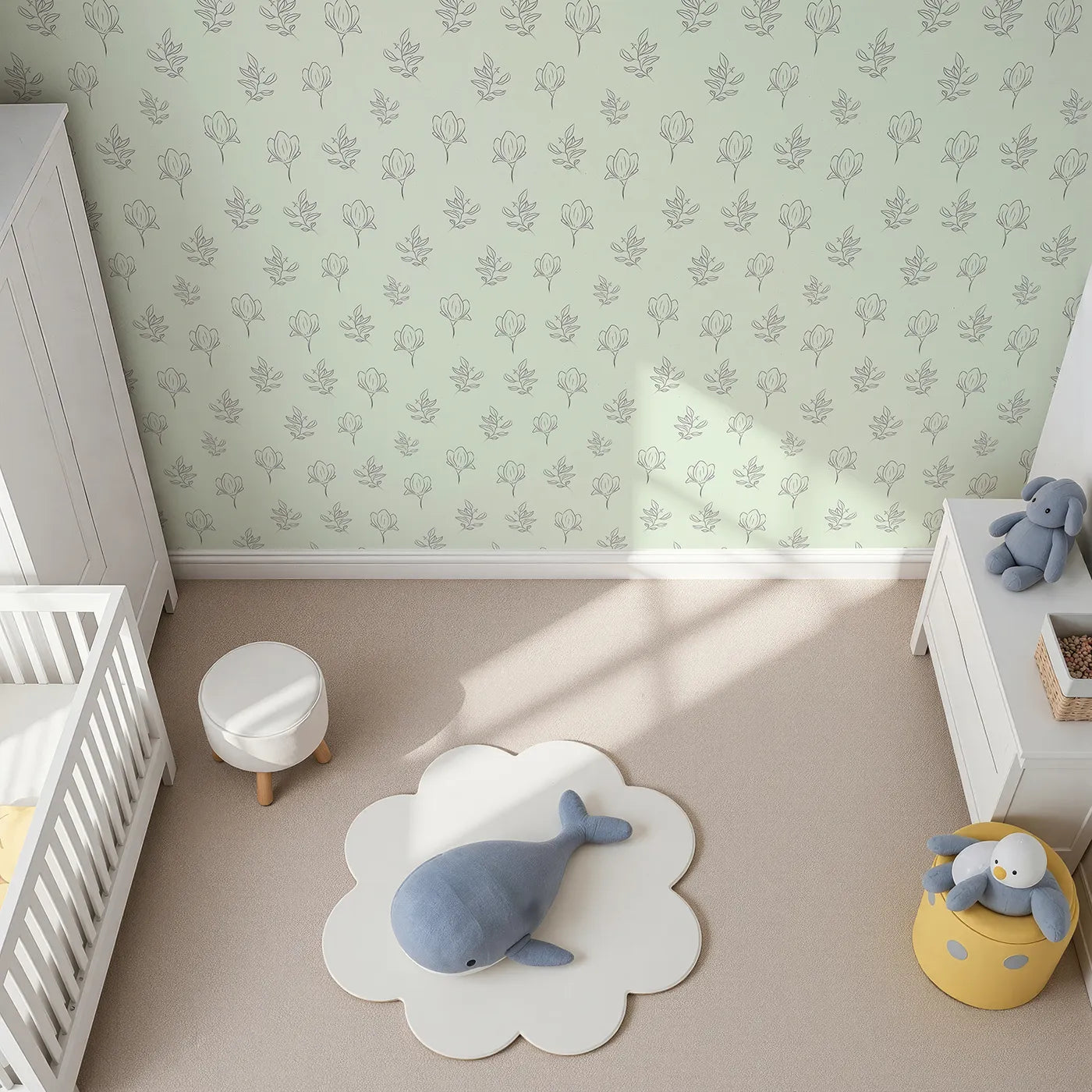 Top-Down view of Whimsy Tots' Floral Whisper Line Art Wallpaper in Mint Green (W3336D).Soft mint tones and fine florals bring a breath of fresh calm.