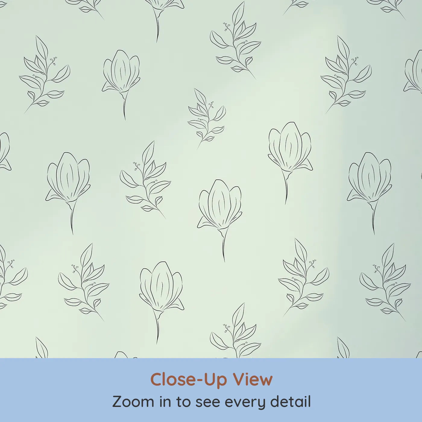 Close-up view of Whimsy Tots' Floral Whisper Line Art Wallpaper in Mint Green (W3336D).Soft mint tones and fine florals bring a breath of fresh calm.