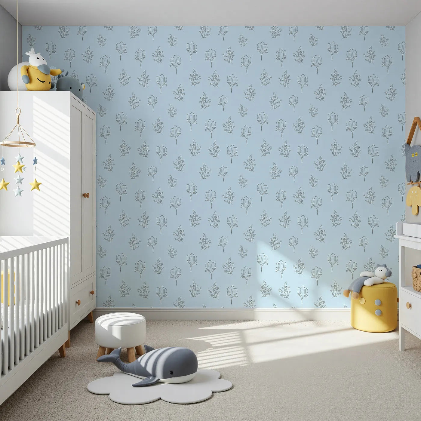 Front view of Whimsy Tots' Floral Whisper Line Art Wallpaper in Sky Blue