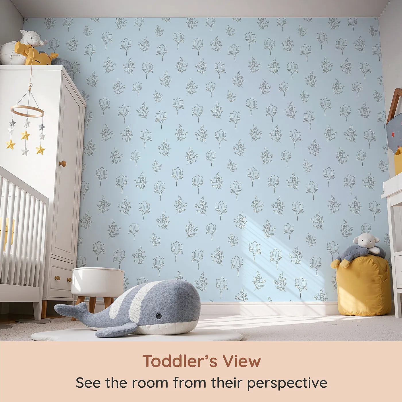 Whimsy Tots Floral Whisper Line Art Wallpaper in Sky Blue (W3336E) from your child's view.Soft sky blues and floral outlines create a peaceful, airy feel.