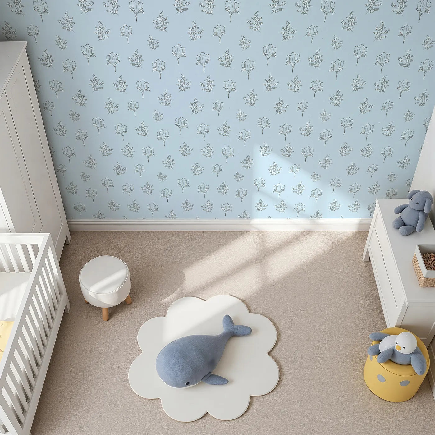 Top-Down view of Whimsy Tots' Floral Whisper Line Art Wallpaper in Sky Blue (W3336E).Soft sky blues and floral outlines create a peaceful, airy feel.