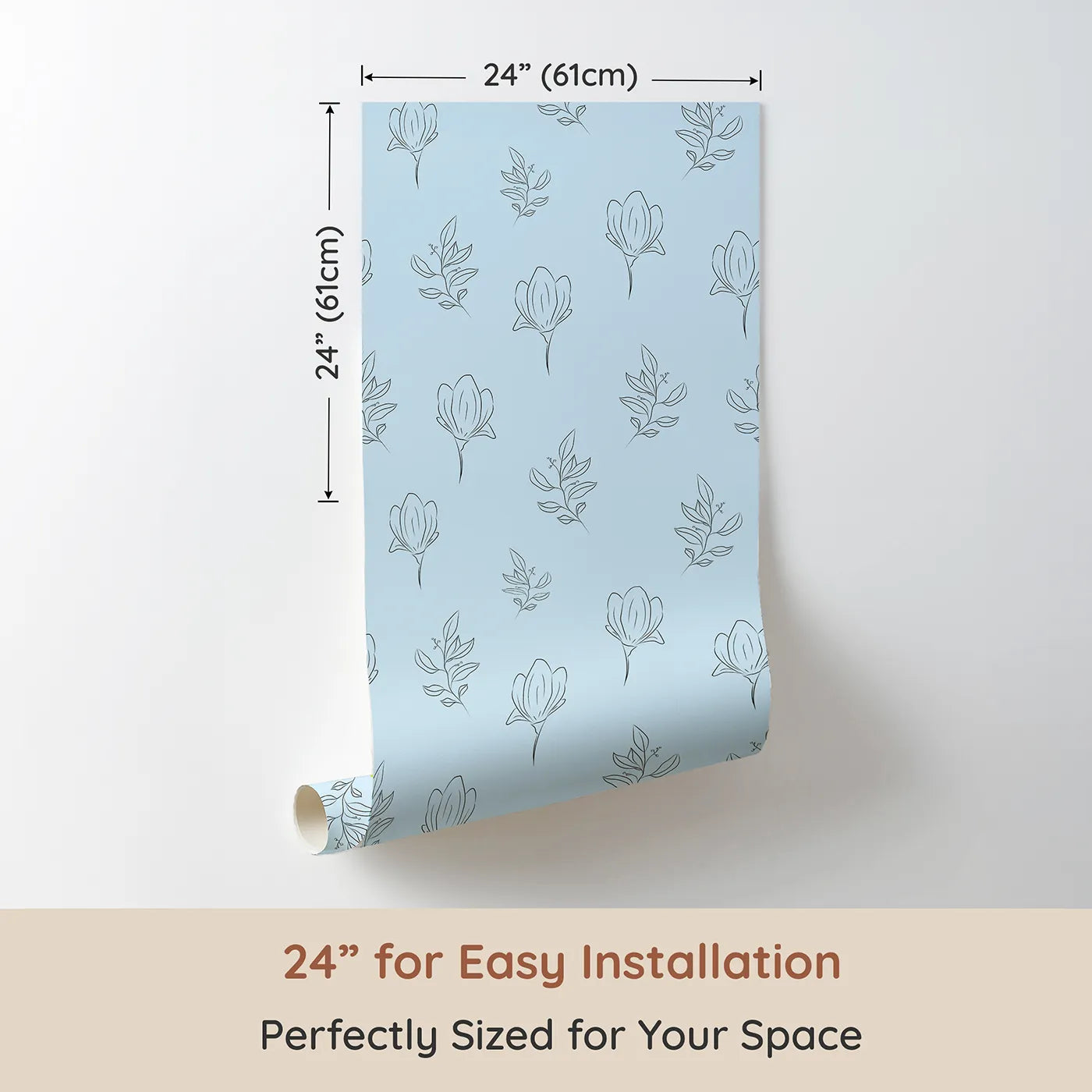 Dimension view of Whimsy Tots Floral Whisper Line Art Wallpaper in Sky Blue (W3336E). Printed in 24-inch-wide panel for easy installation. Soft sky blues and floral outlines create a peaceful, airy feel.