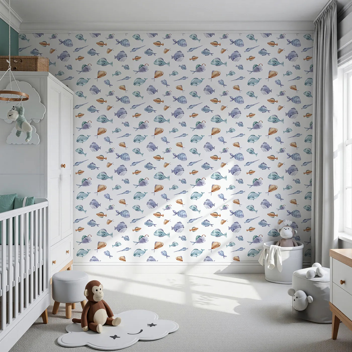 Front view of Whimsy Tots' Dreamy Fish Parade Wallpaper in White