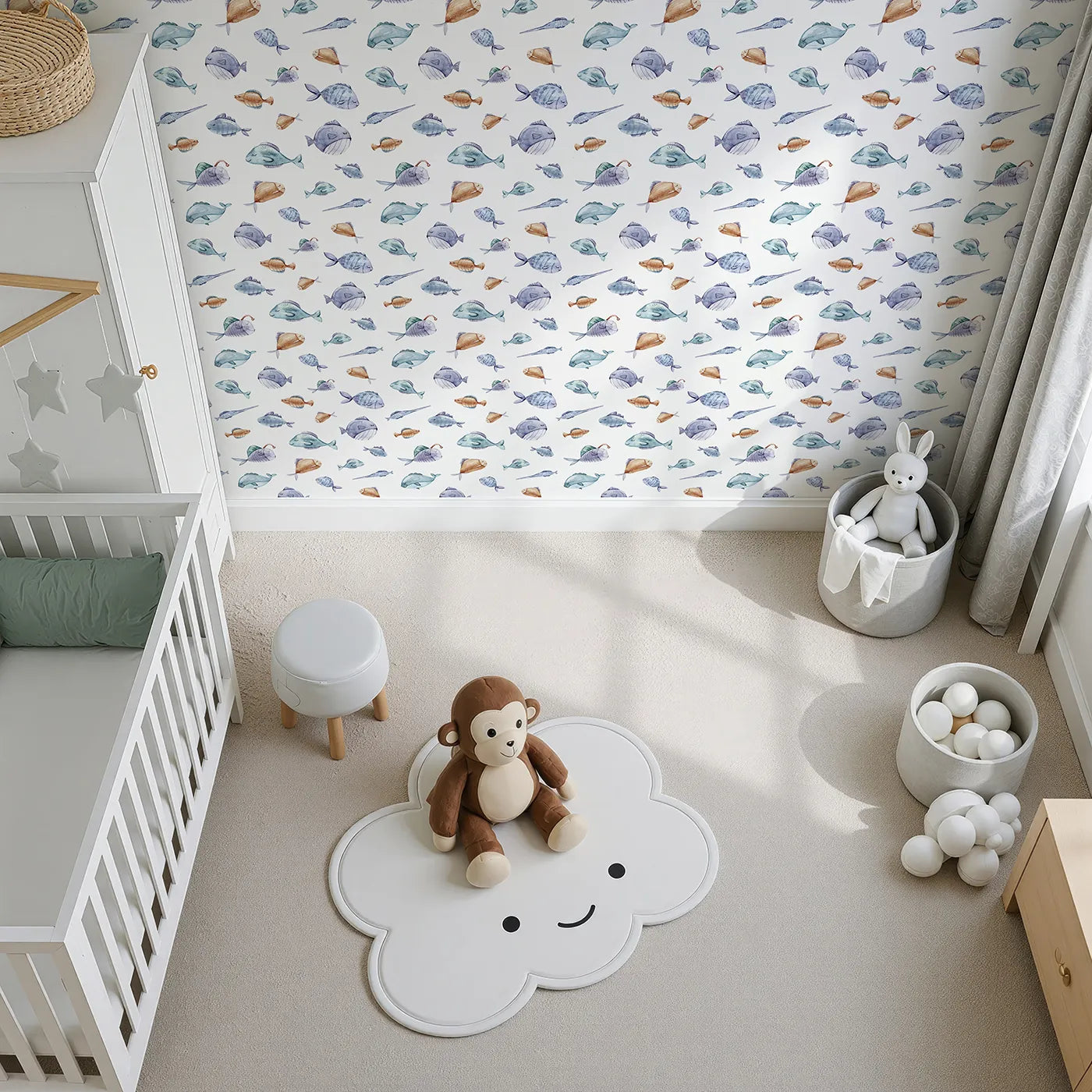 Top-Down view of Whimsy Tots' Dreamy Fish Parade Wallpaper in White (W3337A).Gentle watercolor fish float softly across a crisp white sea.