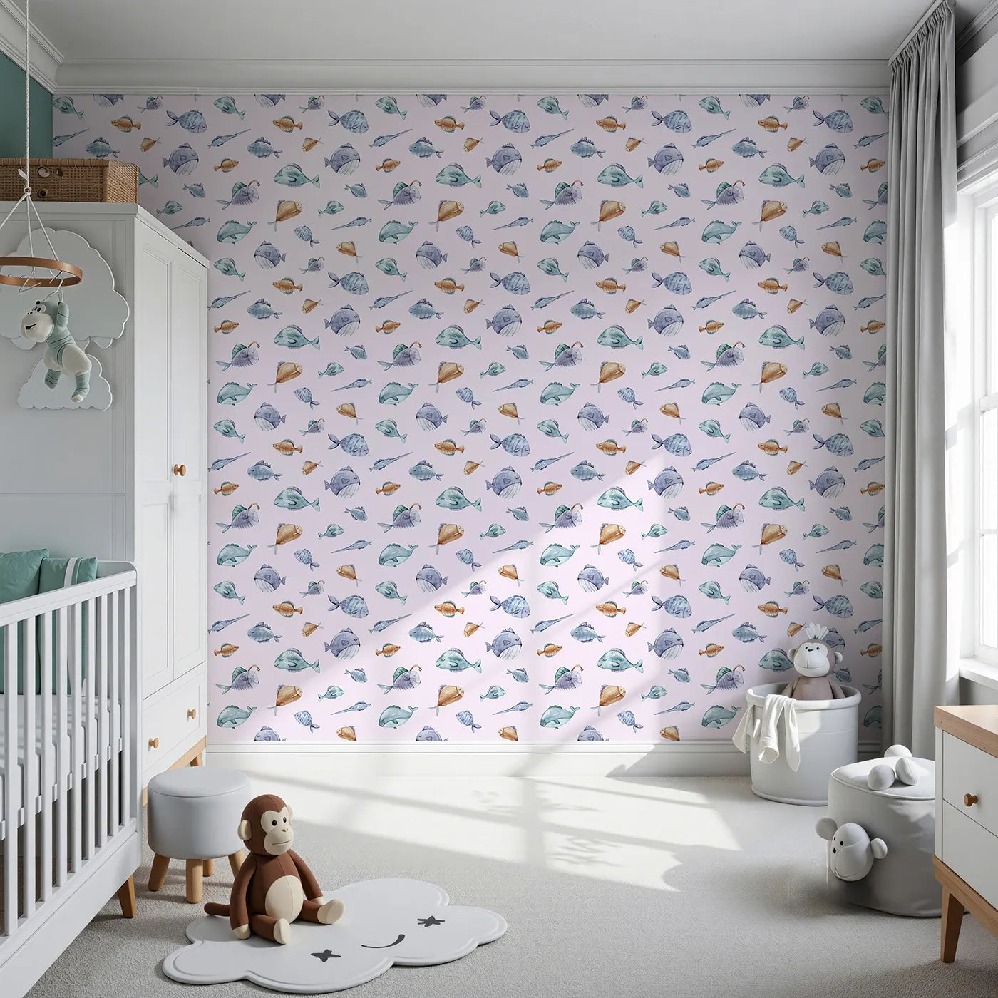 Front view of Whimsy Tots' Dreamy Fish Parade Wallpaper in Pink